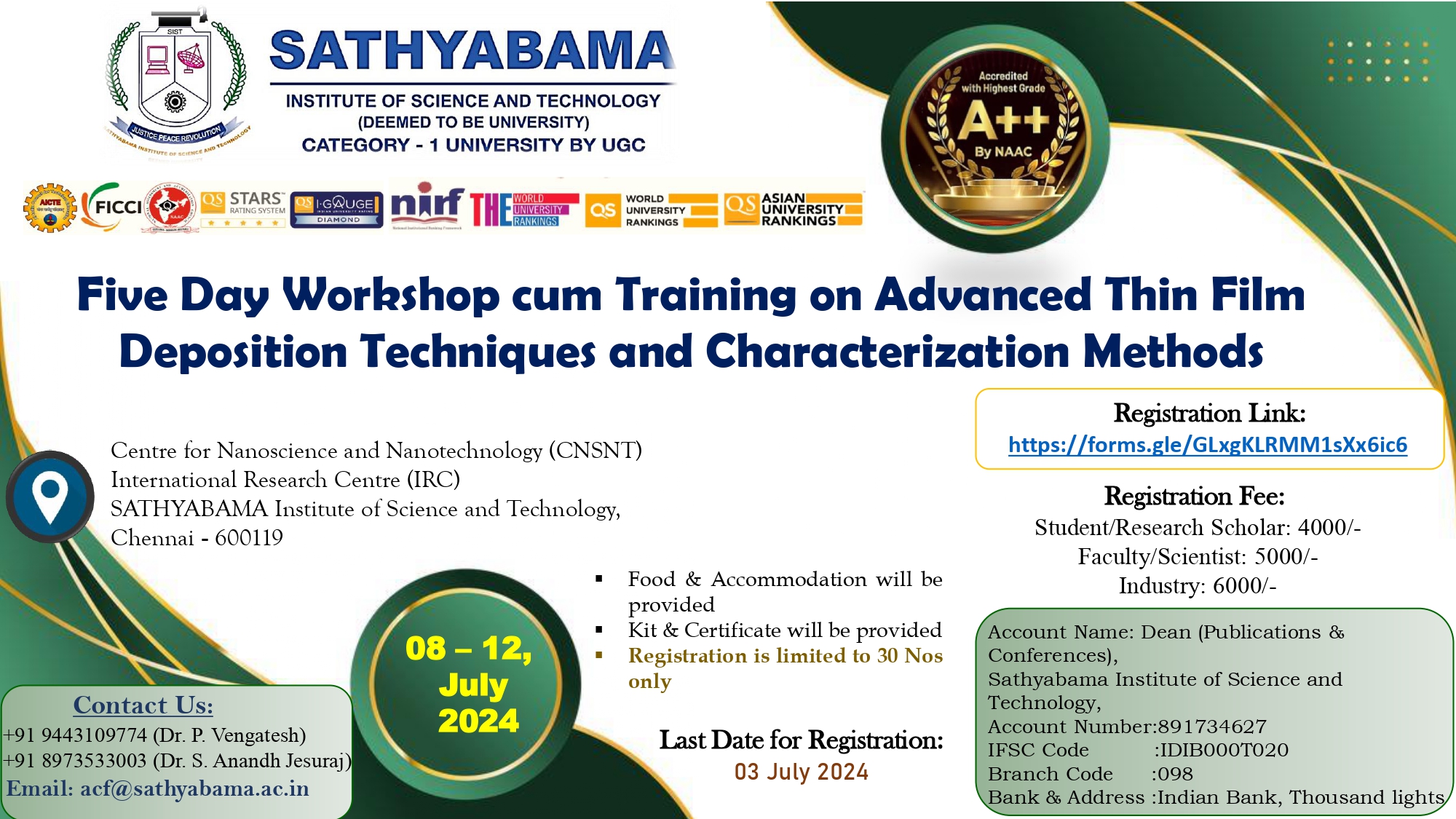 Five Day Workshop cum Training on Advanced Thin Film Deposition Techniques and Characterization