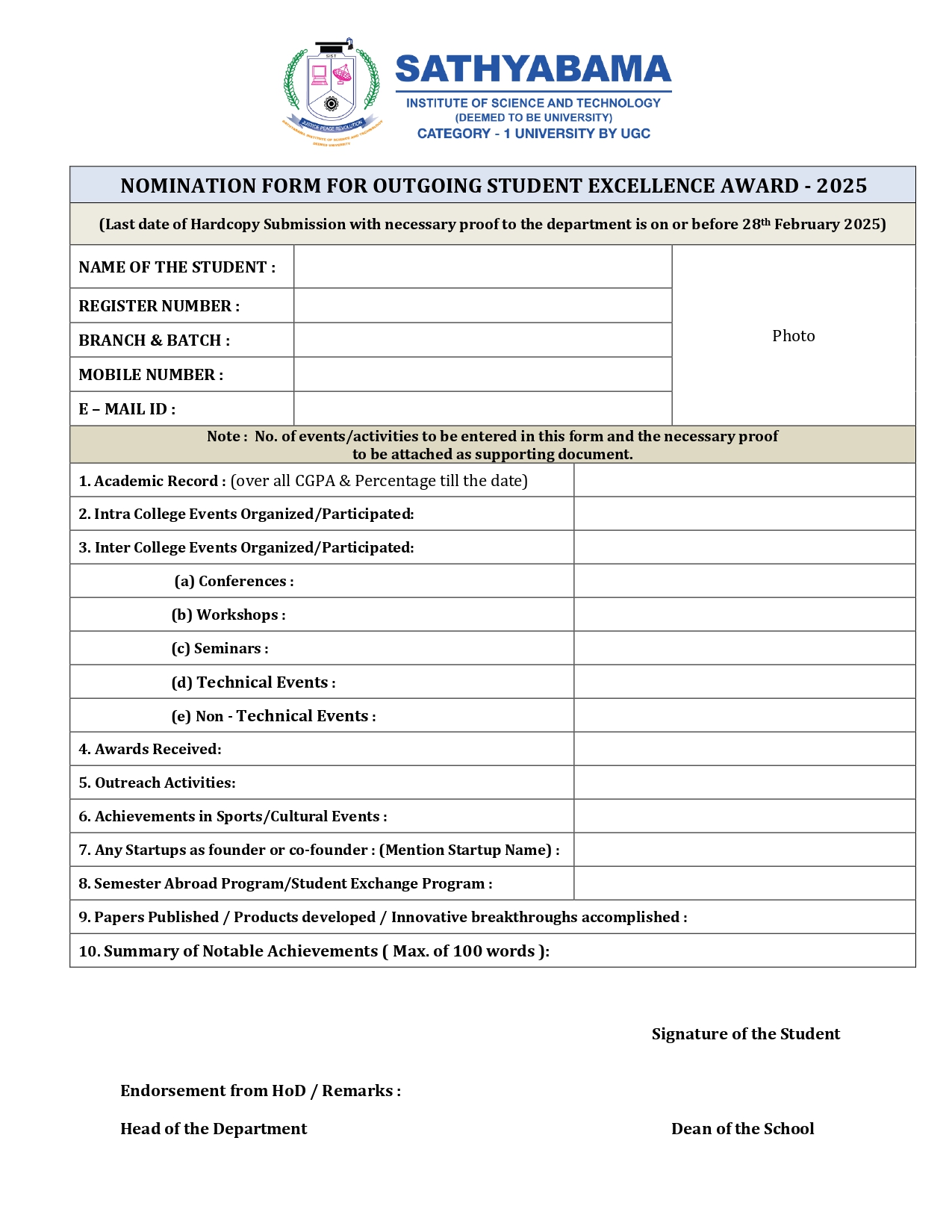 Nominations are invited for outgoing student excellence award - 2024